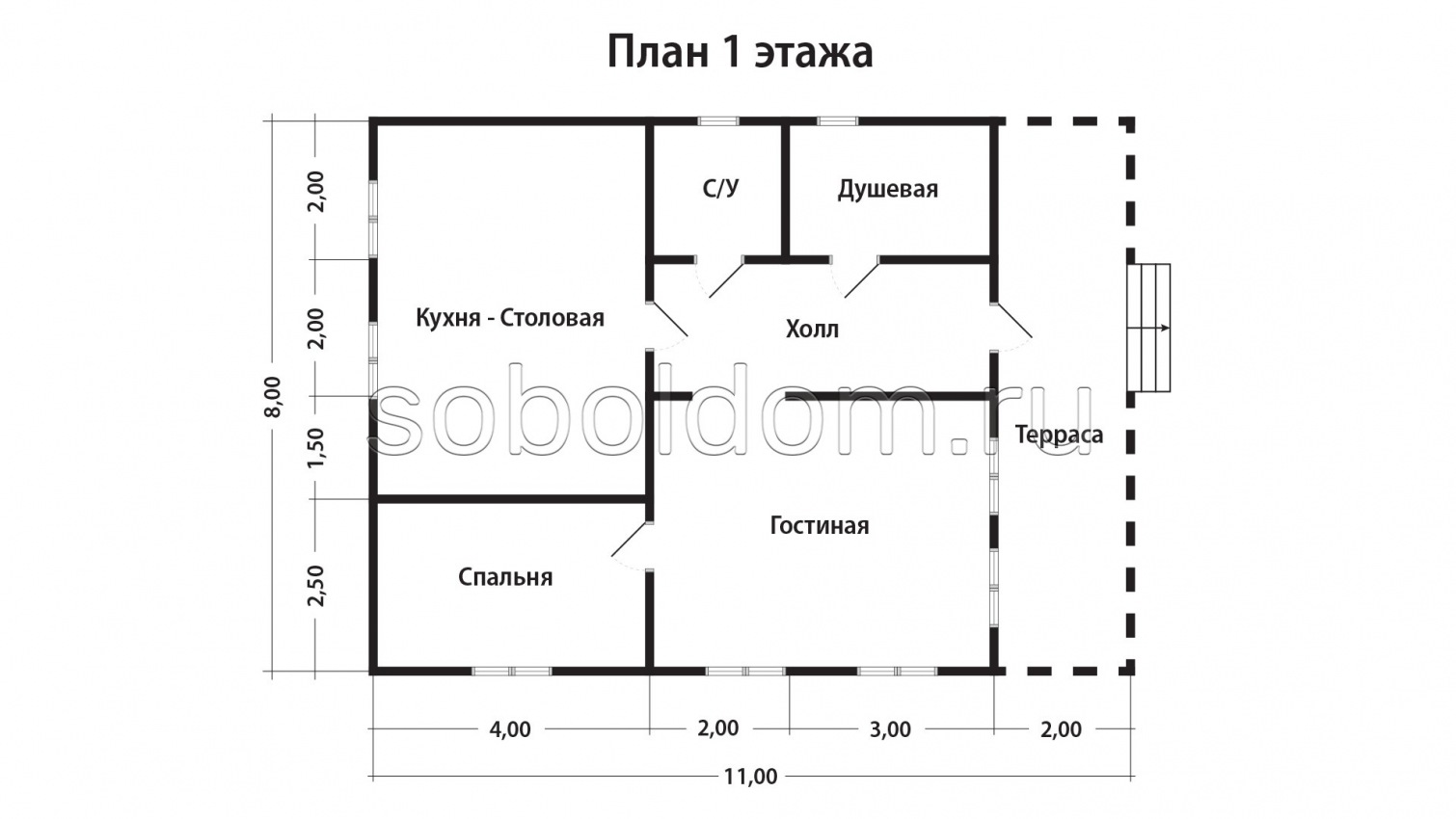Дом из сухого бруса Д-70, 11x8 м.
