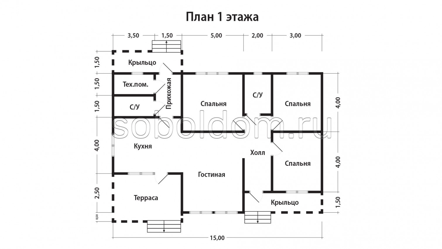 Дом из сухого бруса Д-262, 9,5х15 м.