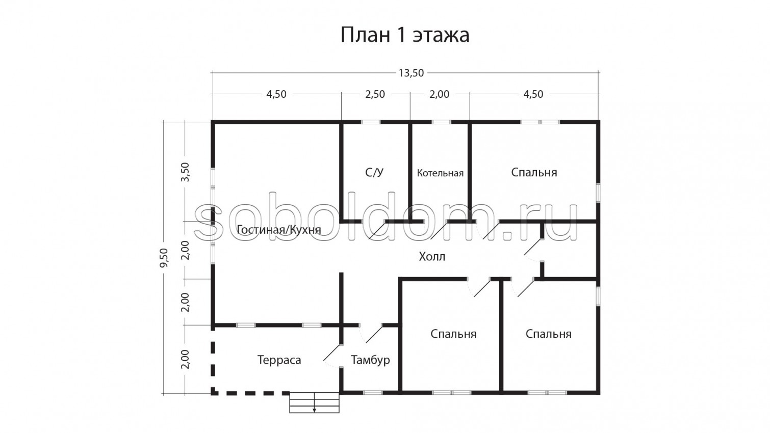 Дом из сухого бруса Д-188, 9,5х13,5 м.