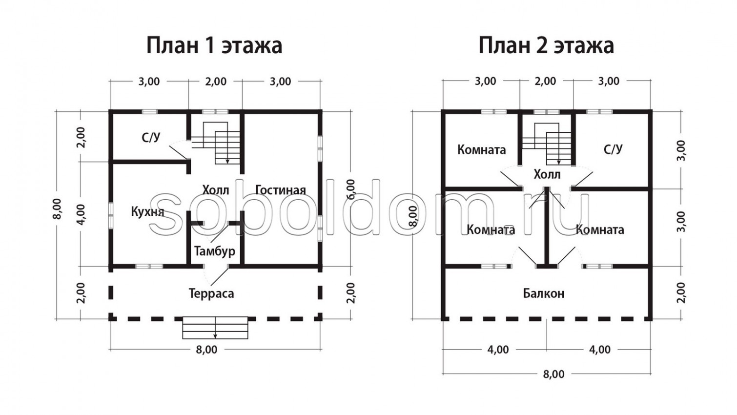 Каркасный дом К-214, 8х8 м.